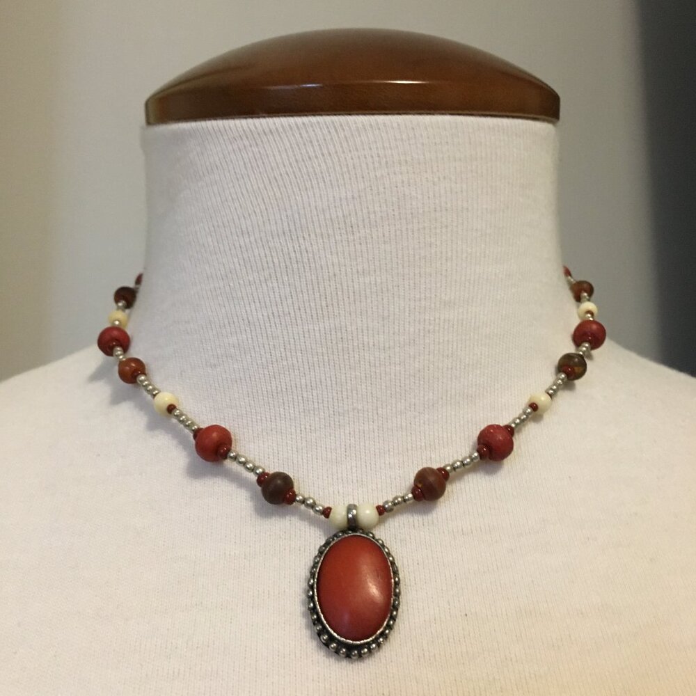 Vintage 90s Artisan Victorian Witch Necklace Wood Metal Gothic Pendant Rare